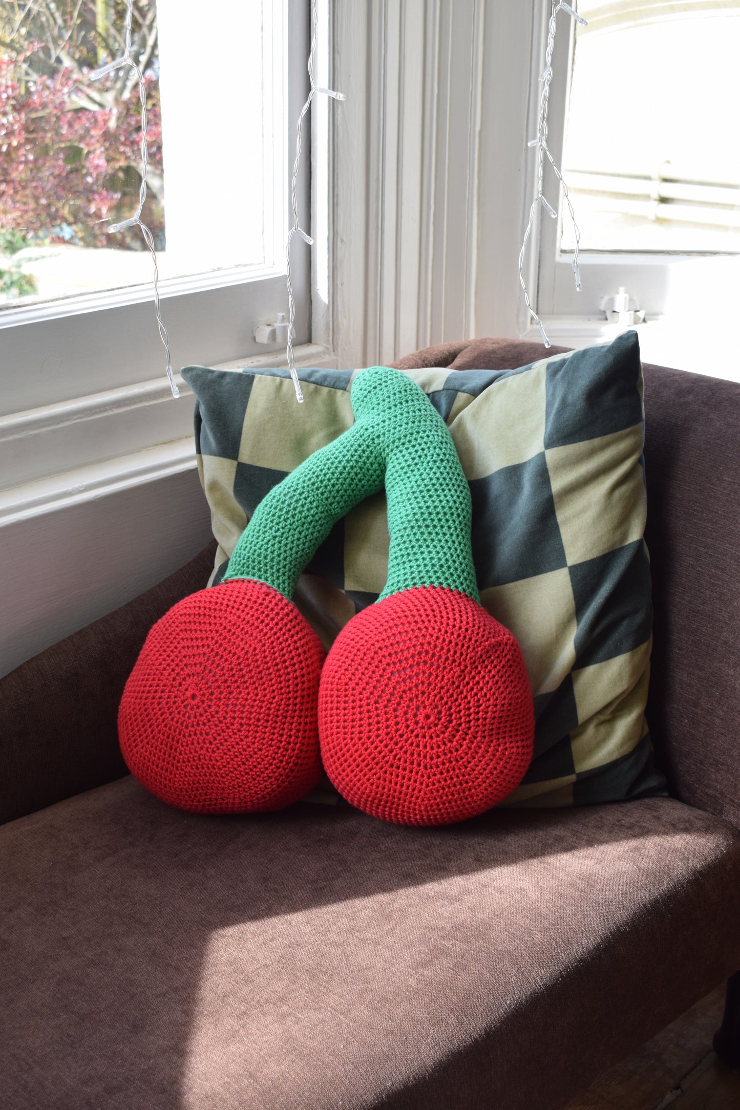 Handmade crochet cherry cushion by HoleyCow