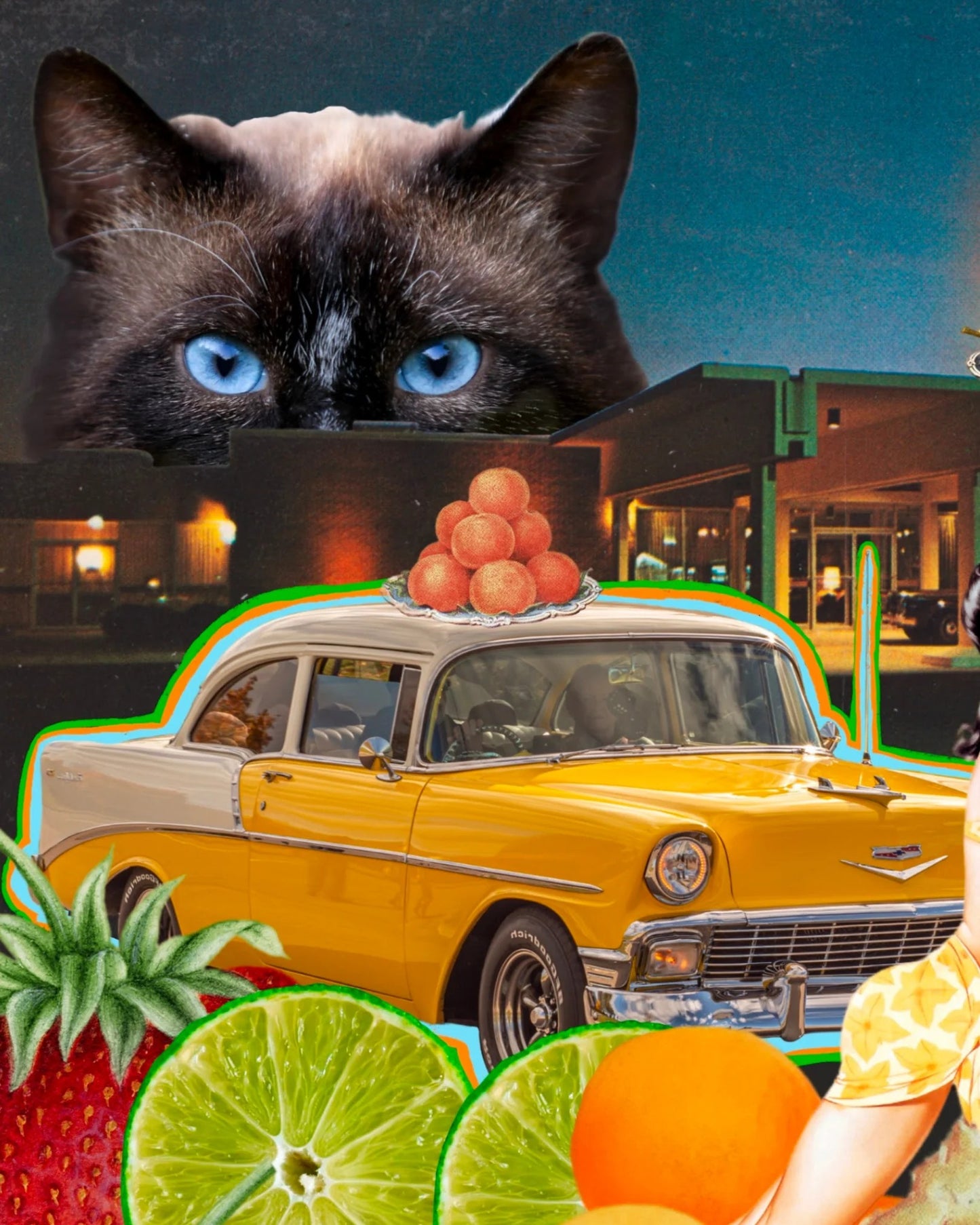 Night Cat Collage Print By Flamingo Rodeo