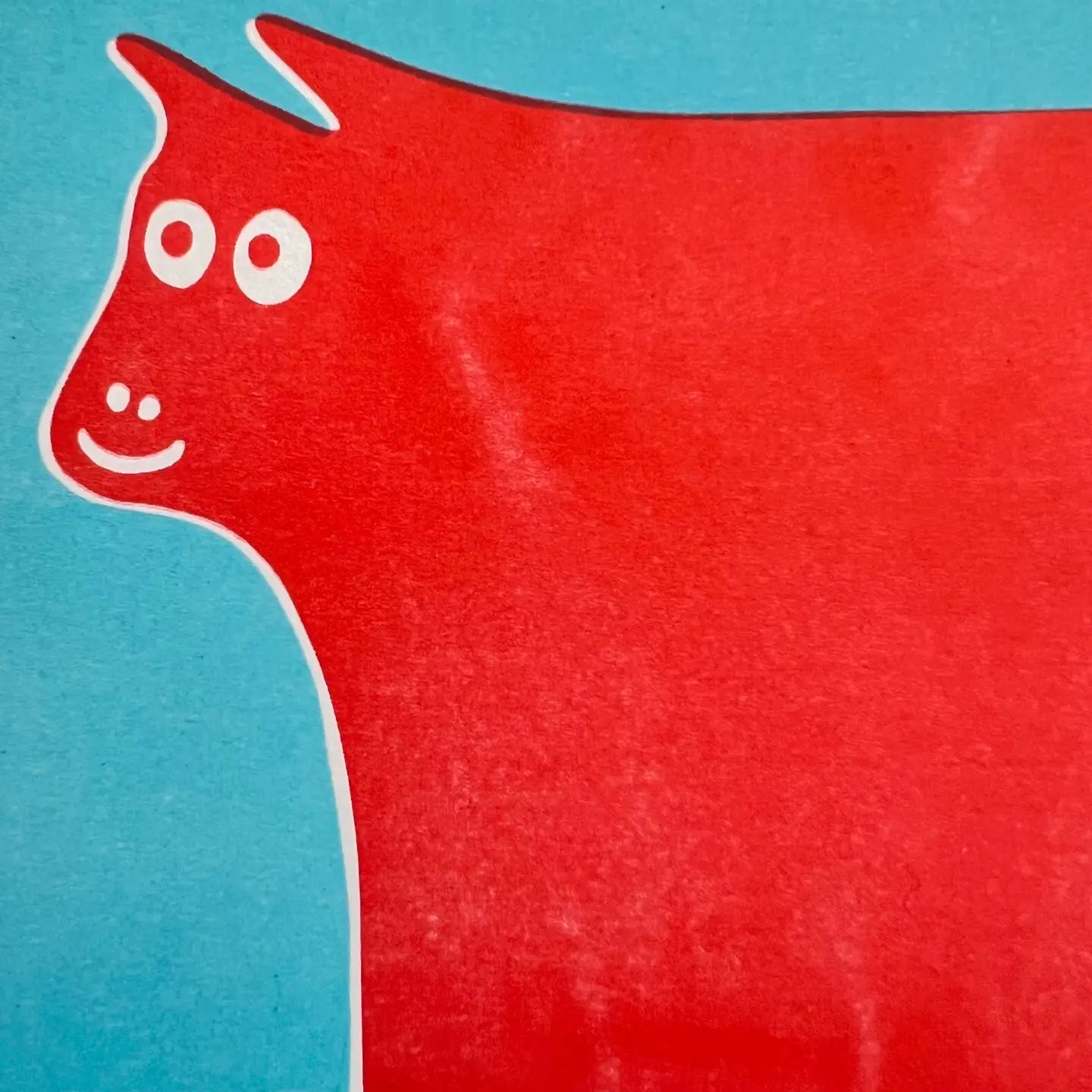 Cow Art Print in Red and Light Blue Ink by Strangford