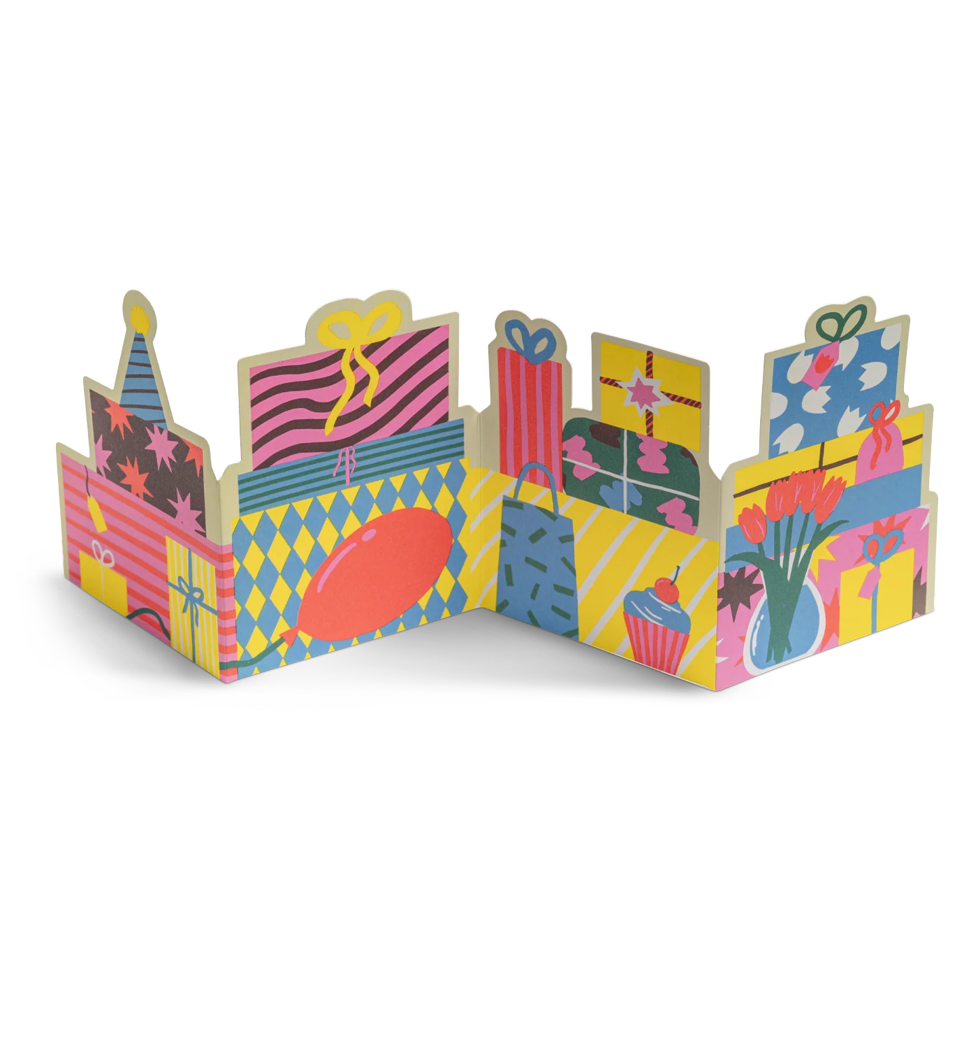 Piles of Presents Fold Out Concertina greeting Card by Naomi Wilkinson