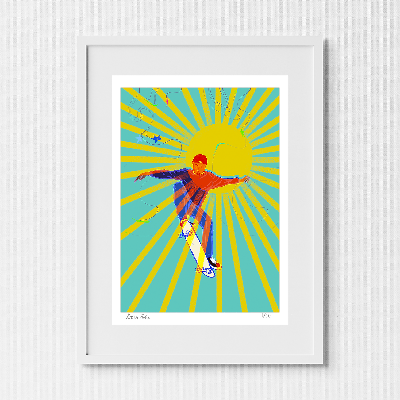 Limited Edition A4 Giclee Print - Skateboard Sun by Keziah Furini
