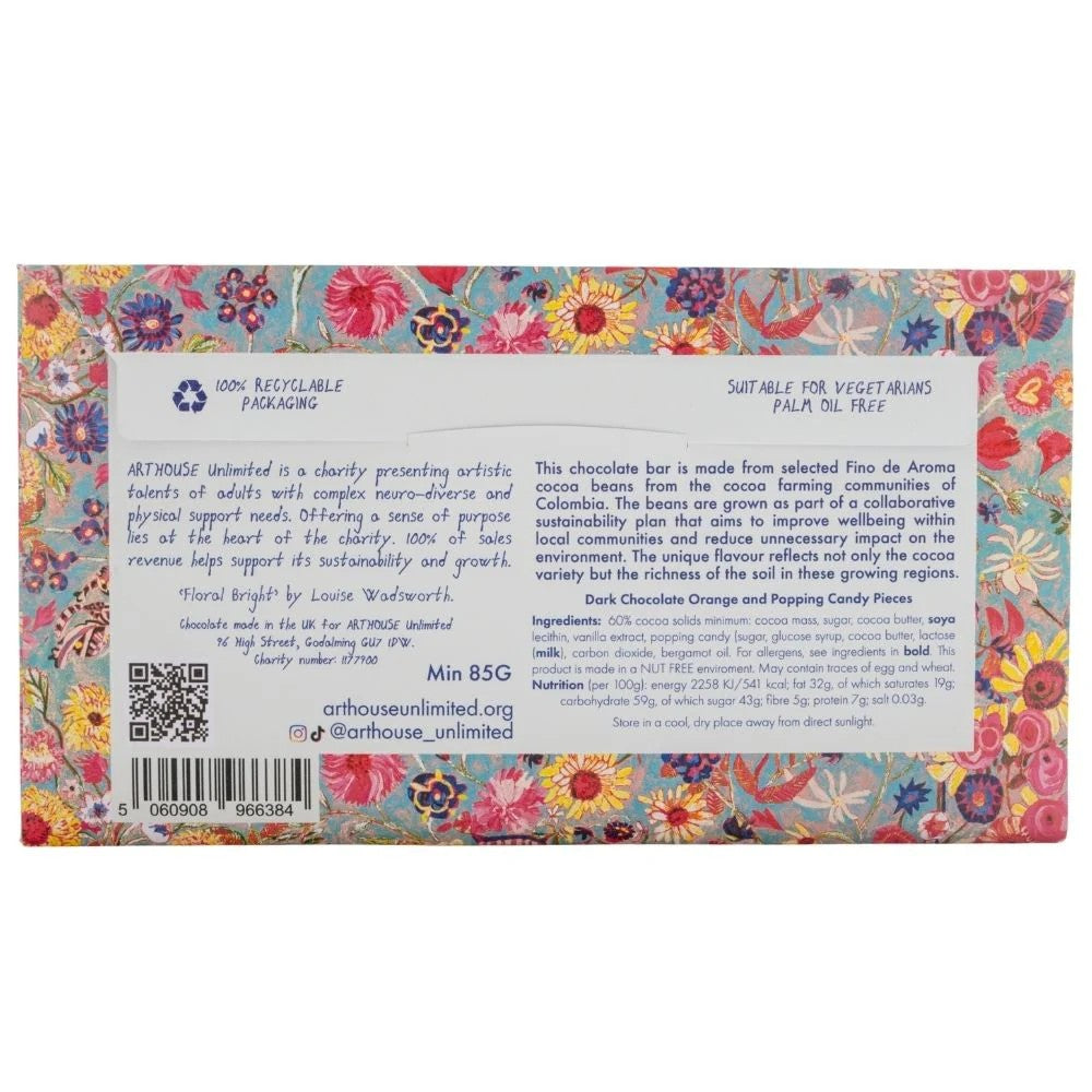 Floral Bright, Dark Chocolate Bar with Orange & Popping Candy pieces by ARTHOUSE