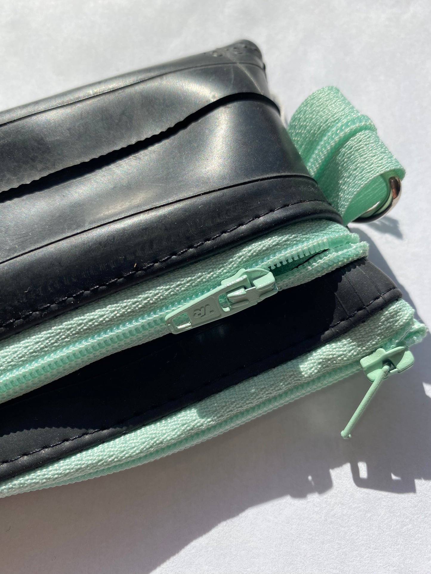 Small zipper pouch Light Blue recycled bicycle inner tube by Re-Inflatables