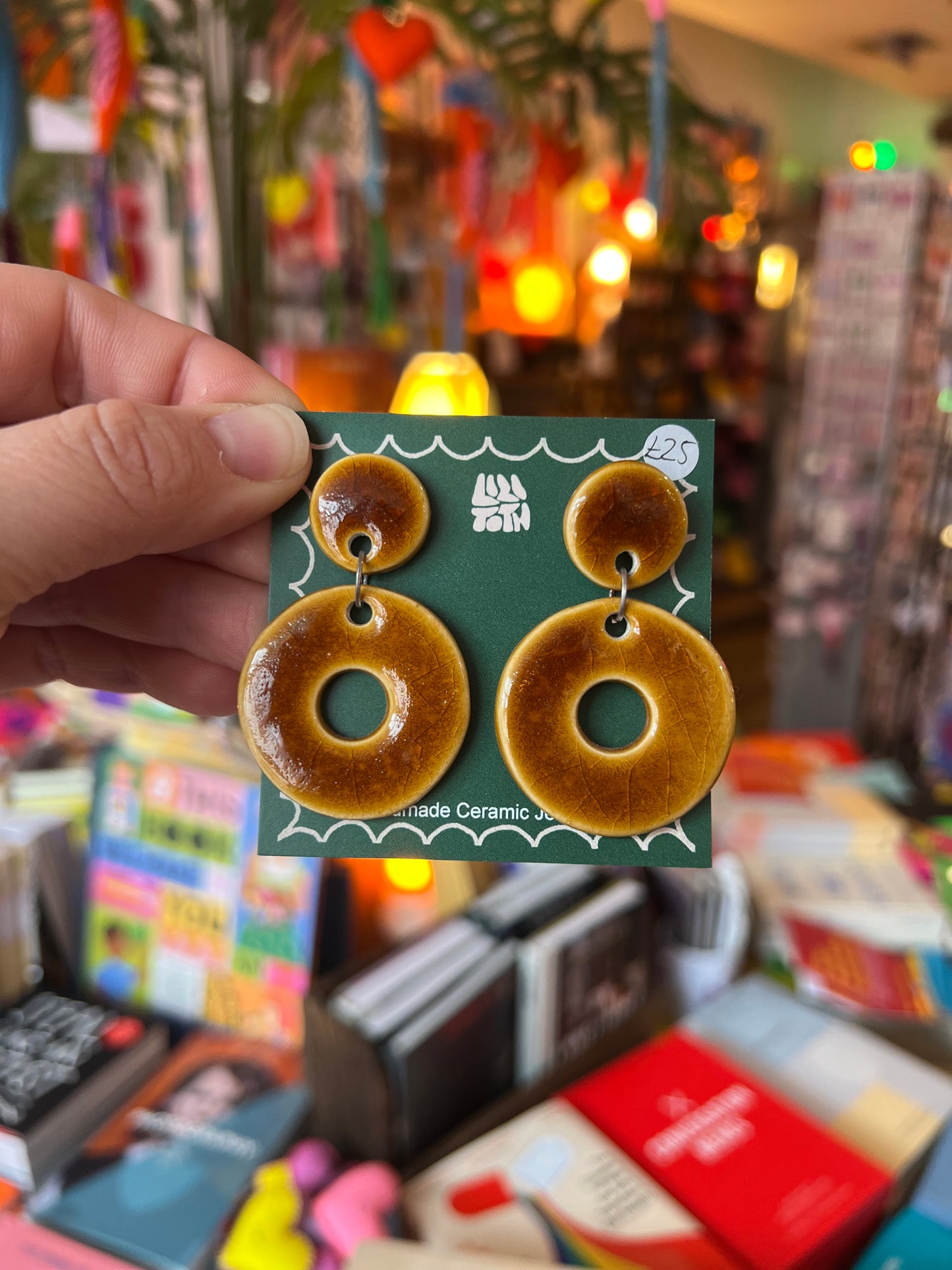 Retro Shape Handmade Ceramic Brown Earrings by Lili Toth
