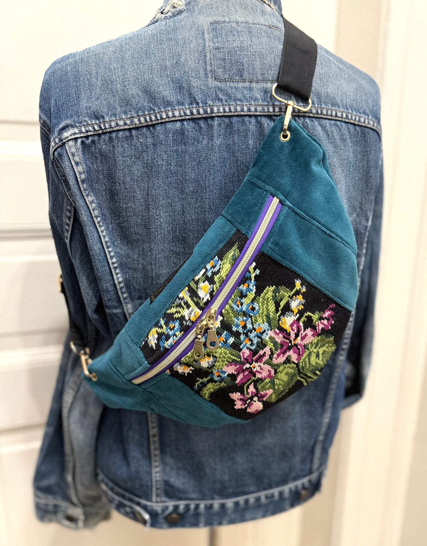 Brown velvet Vintage needlepoint design French tapestry bum bag by Vintagemadbym