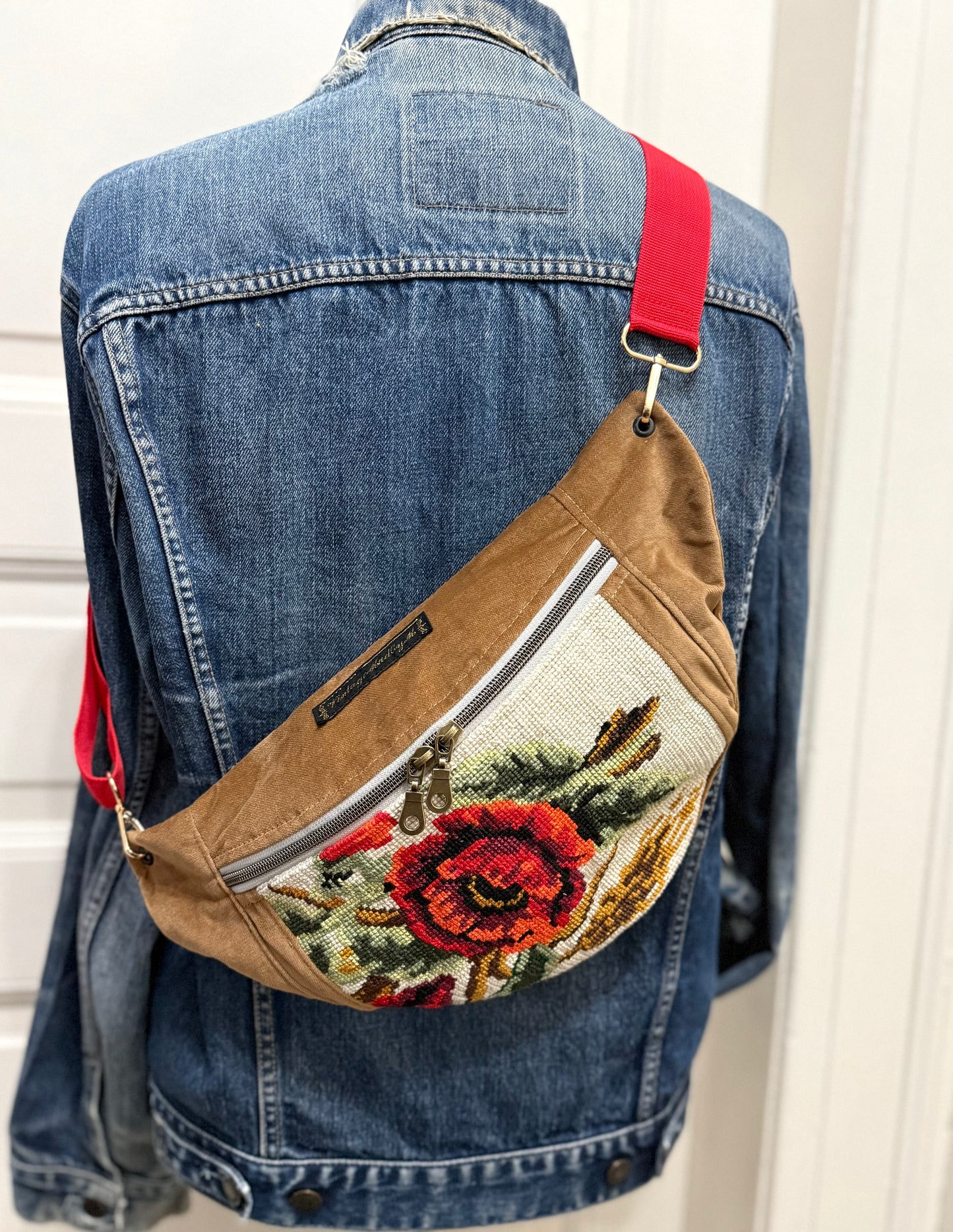 Brown velvet Vintage needlepoint design French tapestry bum bag by Vintagemadbym