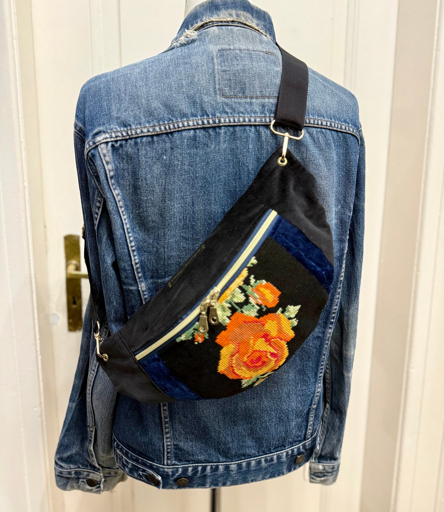 Vintage needlepoint design French tapestry bum bag by Vintagemadbym