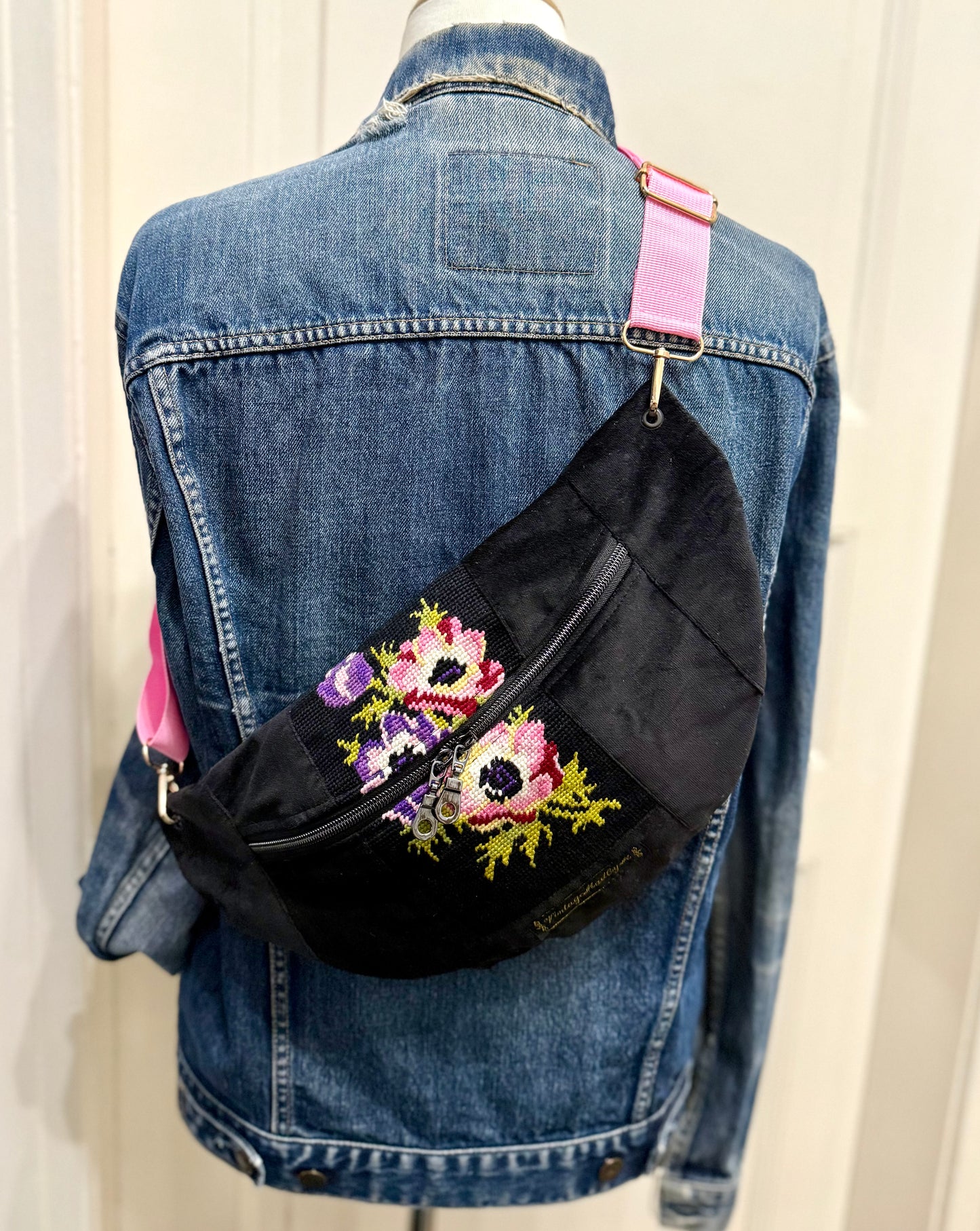 Velvet Black Vintage needlepoint design French tapestry bum bag by Vintagemadbym