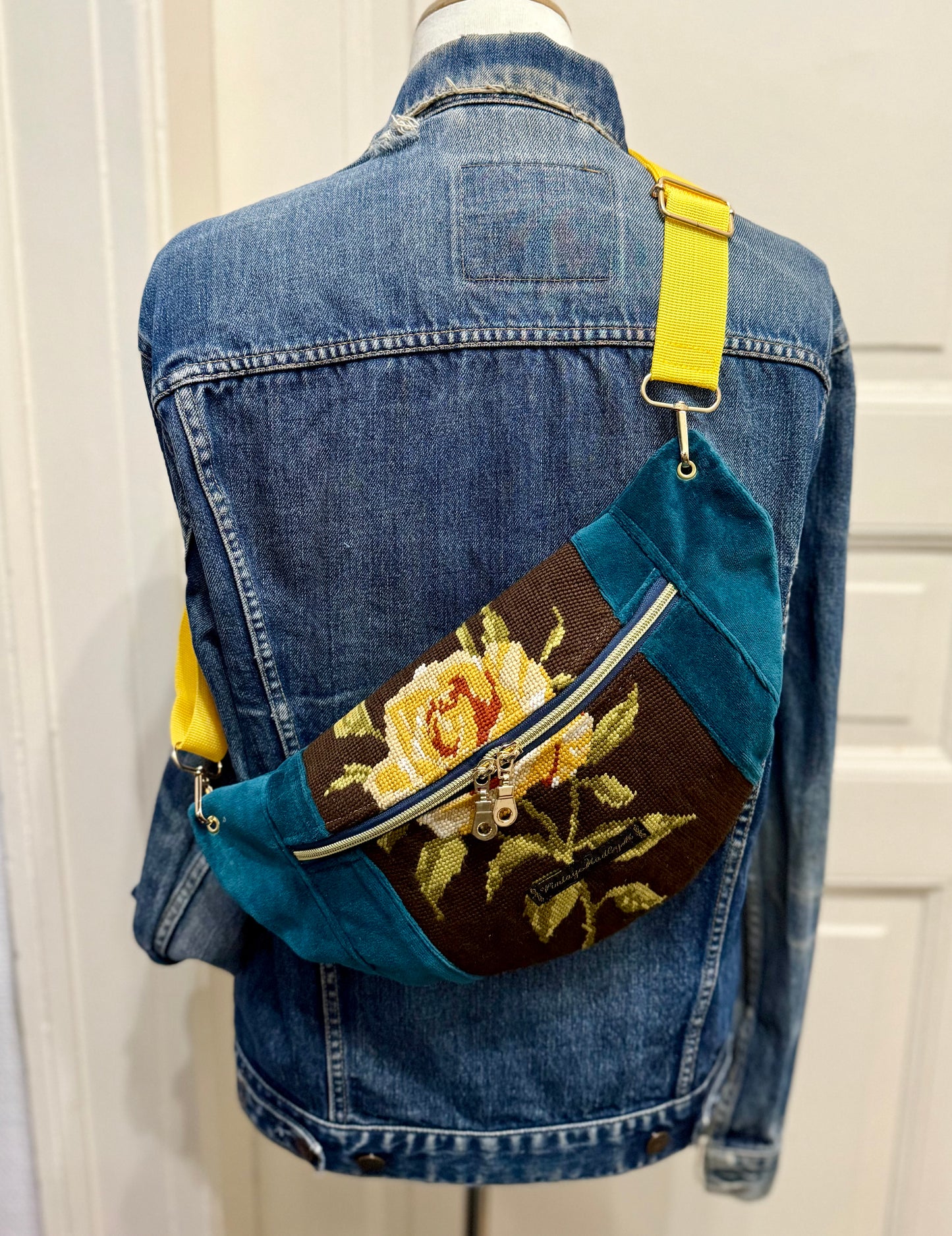 Teal velvet Vintage needlepoint design French tapestry bum bag by Vintagemadbym