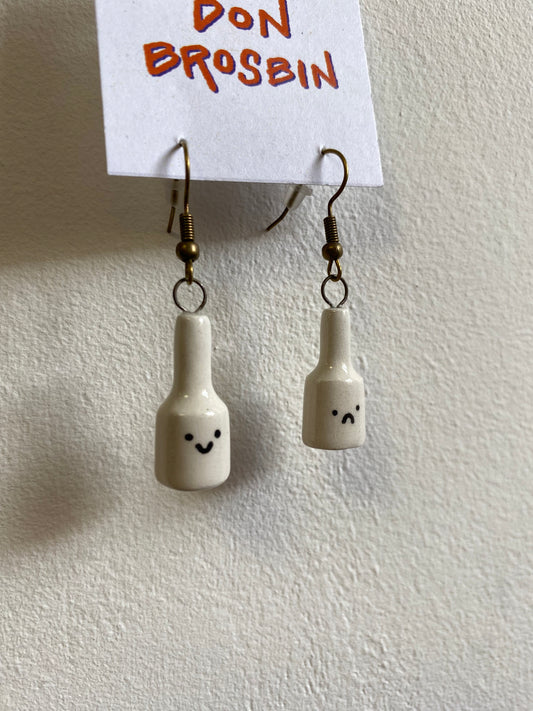 Happy Sad Bottle handmade ceramic earrings by Don Brosbin