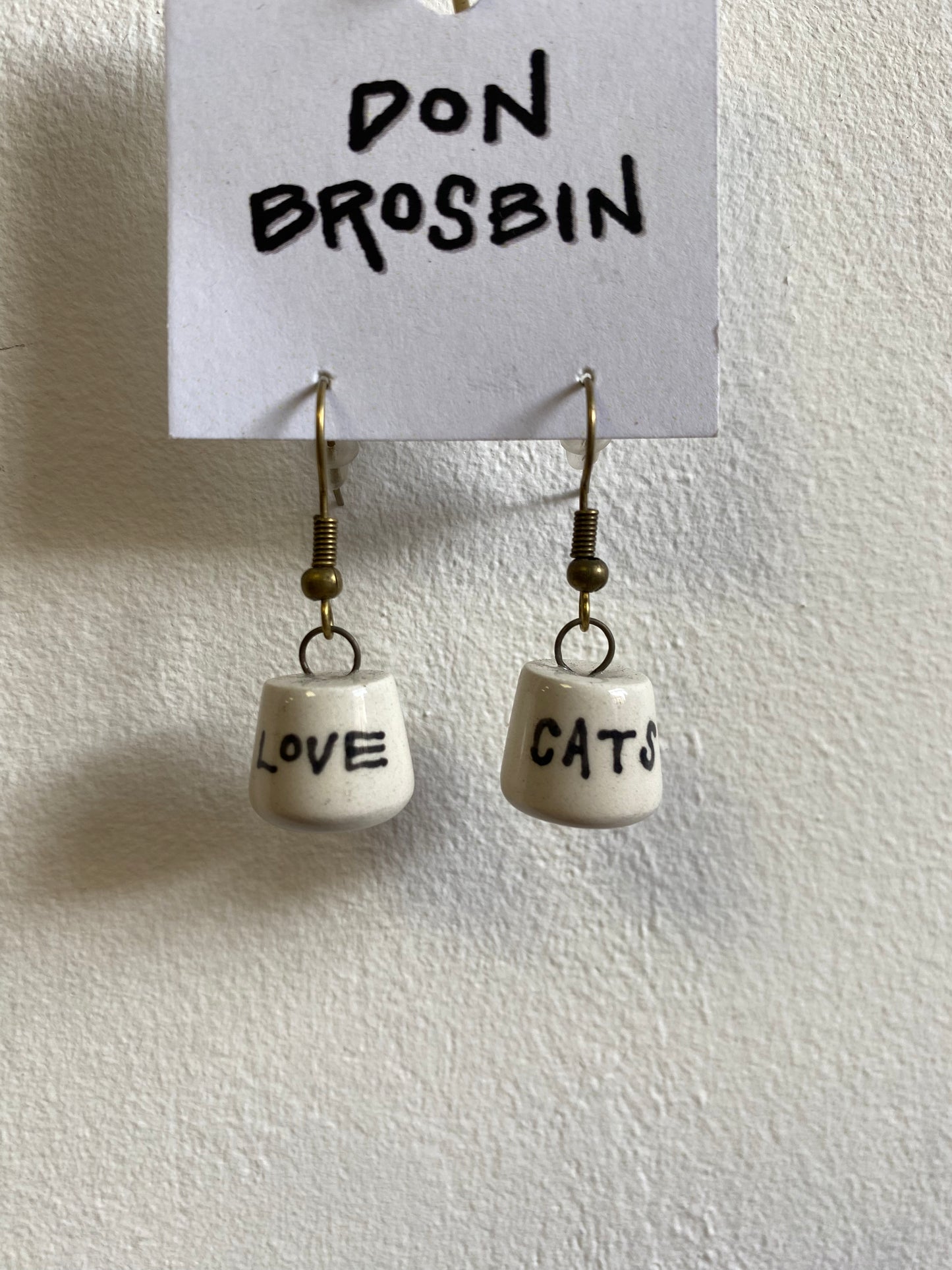 Love Cats handmade ceramic earrings by Don Brosbin