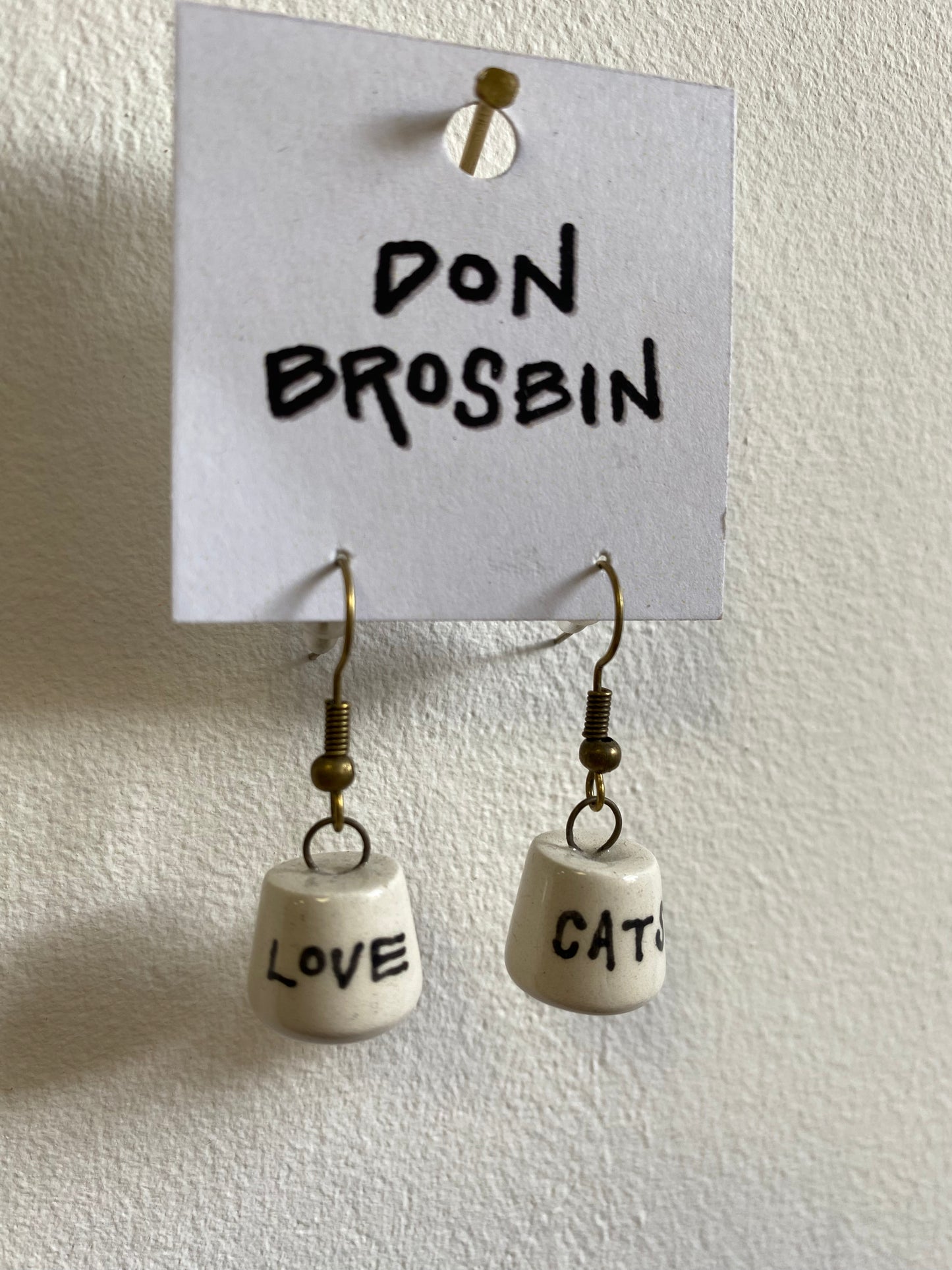 Love Cats handmade ceramic earrings by Don Brosbin
