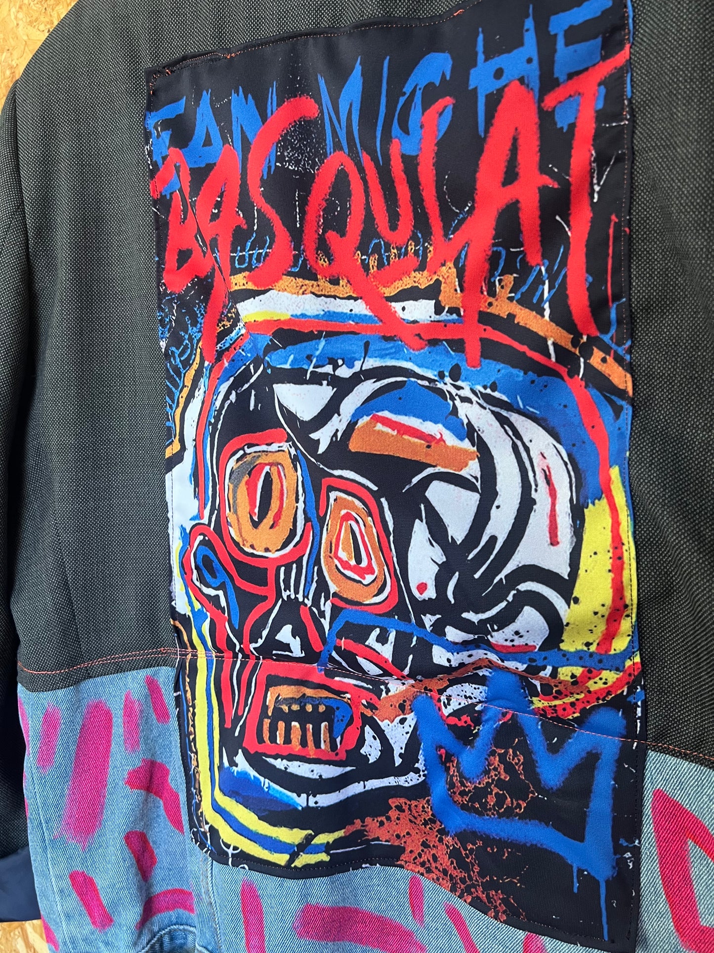 Upcycled Blazer Jacket with Pins, Patches & Artwork by JM Basquiat By Snacks