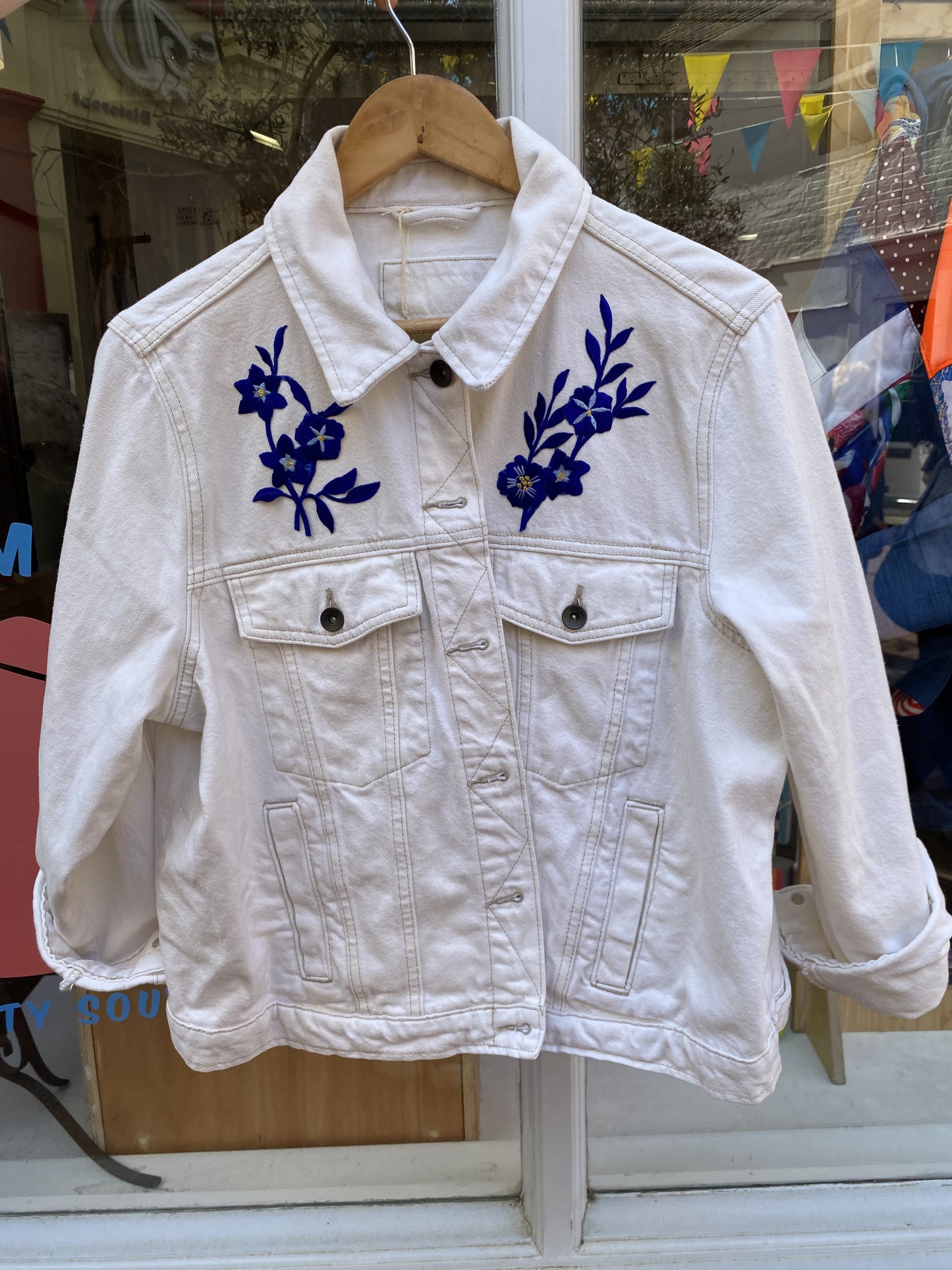 Upcycled Vintage White Denim Jacket Floral Embroidery by Snacks