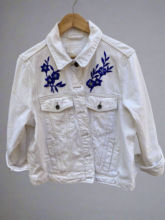 Upcycled Vintage White Denim Jacket Floral Embroidery by Snacks
