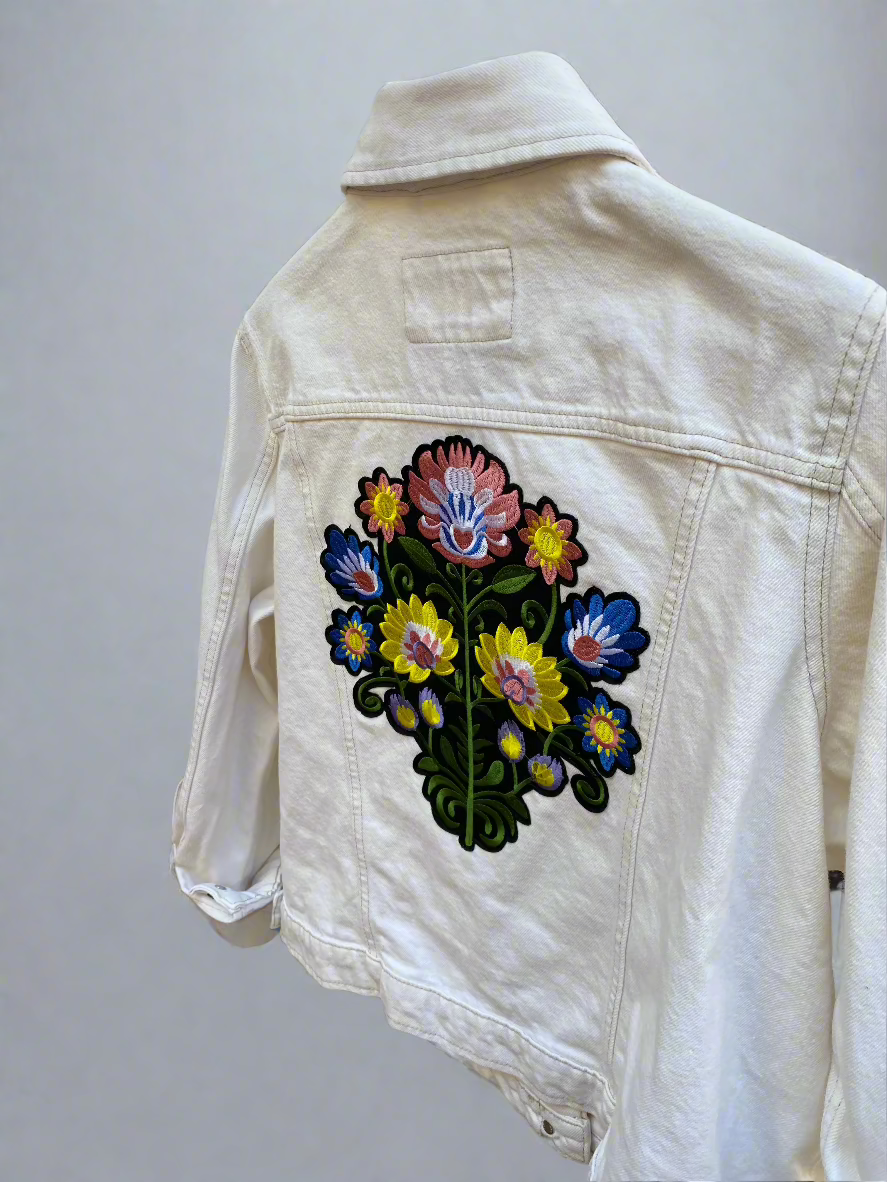 Upcycled Vintage White Denim Jacket Floral Embroidery by Snacks