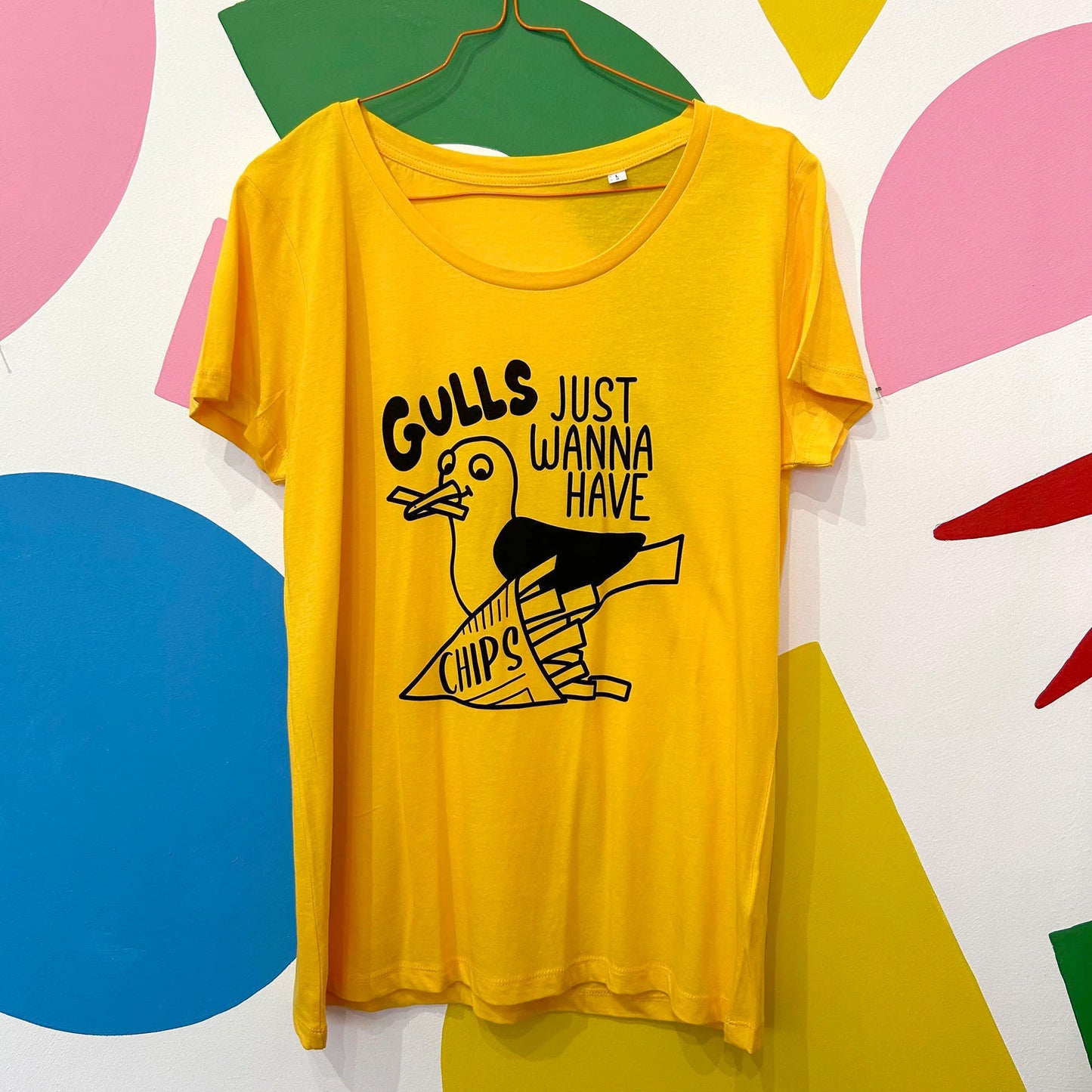GULLS JUST WANNA HAVE CHIPS Yellow T-shirt by Hello Dodo
