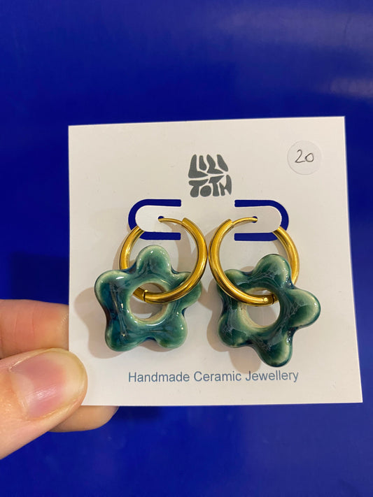 Teal Flower Ceramic floral hoops Earring by Lili Toth