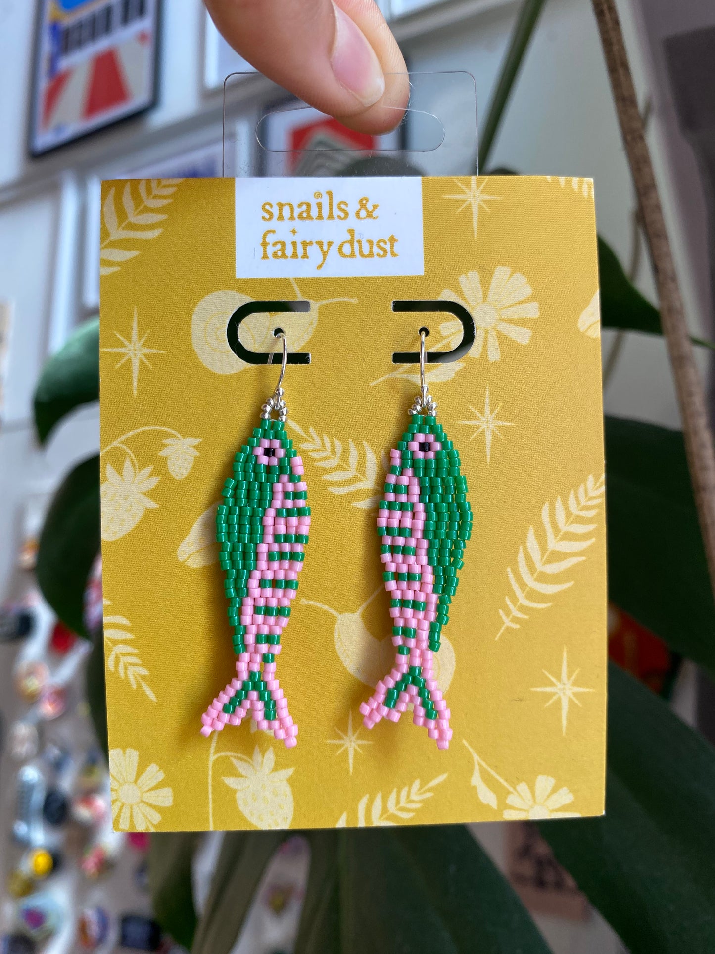 Green & Pink 2 Fish Beaded Earring by Snails & Fairy Dust