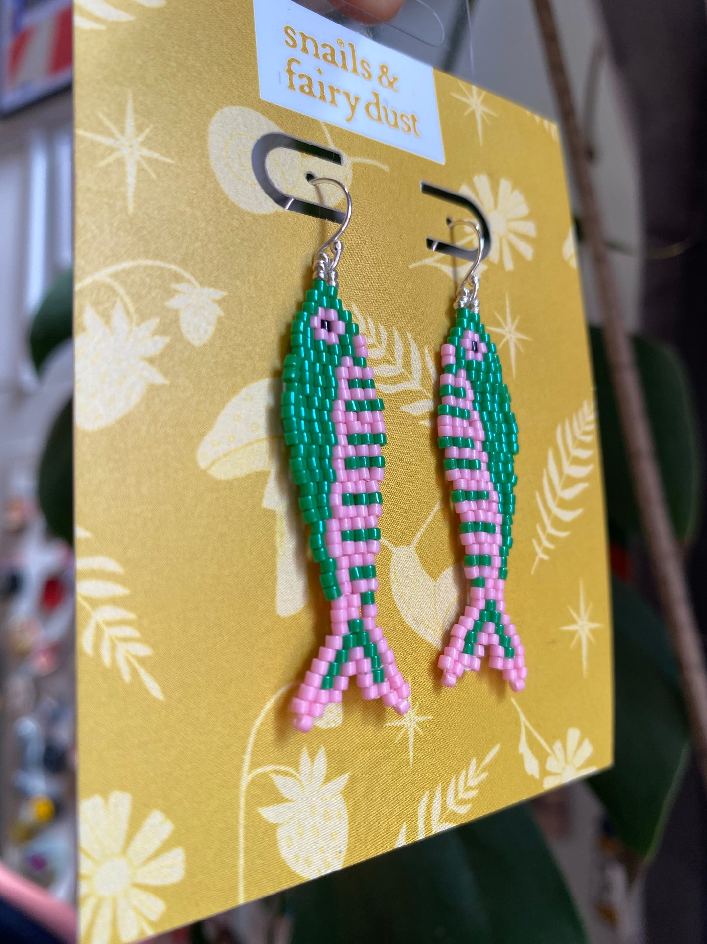 Green & Pink 2 Fish Beaded Earring by Snails & Fairy Dust
