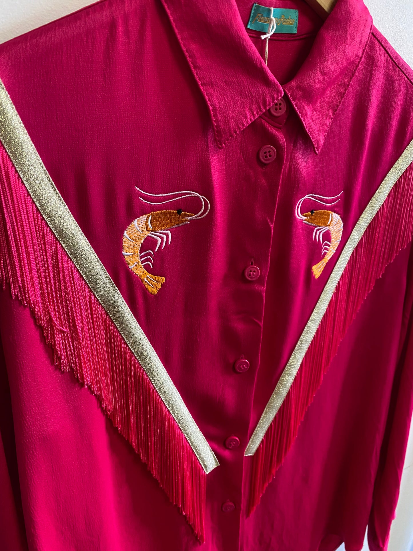 Pink fringe Long sleeve shirt with embroidery prawn - S/M by Flamingo Rodeo