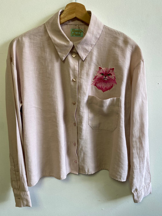 Pastel Pink Grumpy Cat Embroidery Shirt - Medium by Flamingo Rodeo