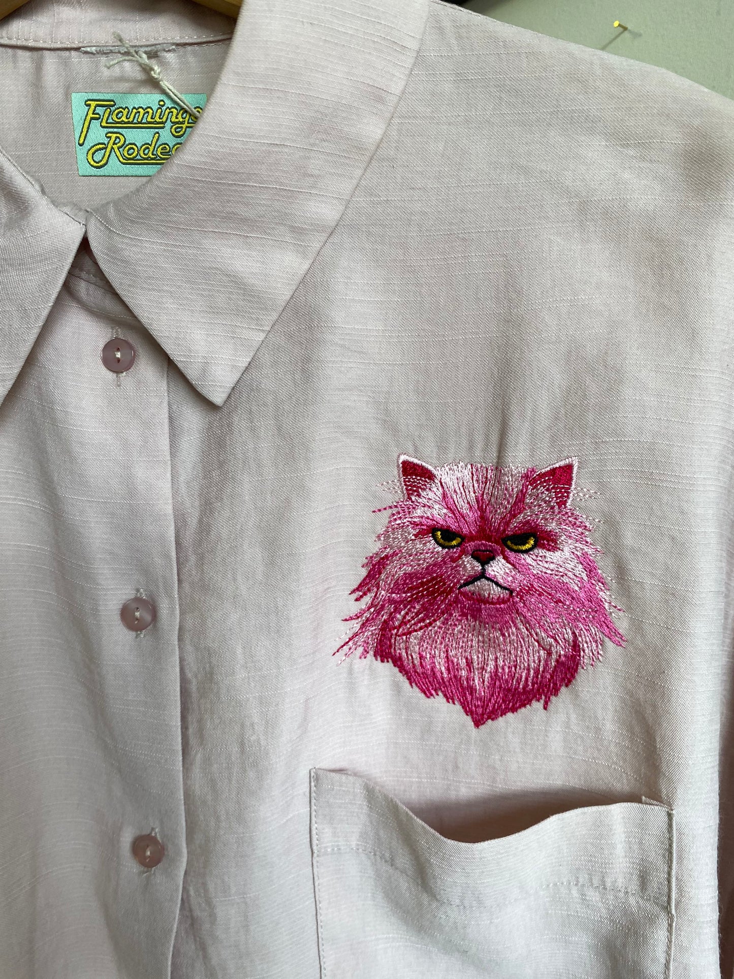 Pastel Pink Grumpy Cat Embroidery Shirt - Medium by Flamingo Rodeo