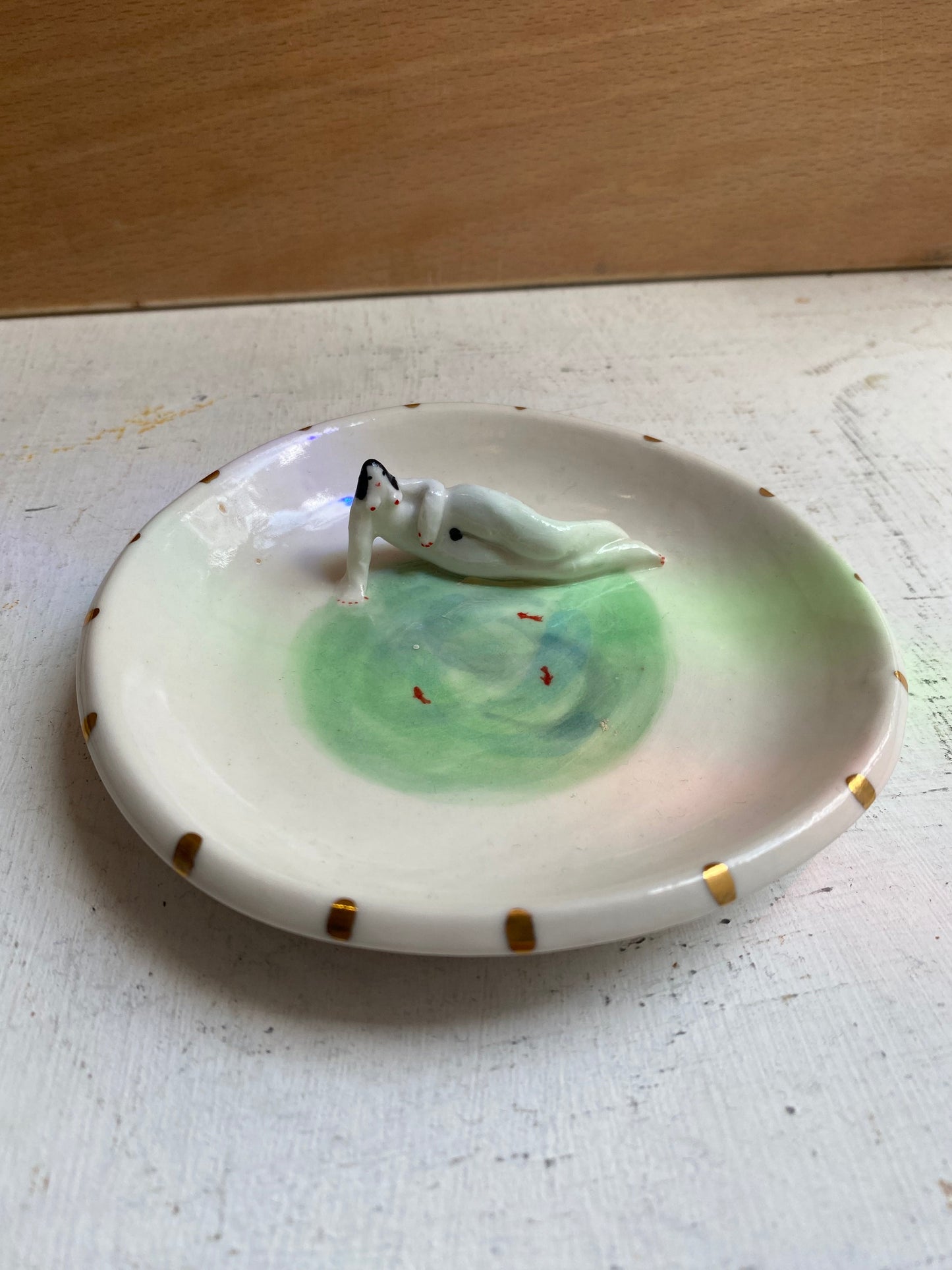 Ceramic Ring holder/dish tiny woman in water by REBECCA EDELMANN Ceramics