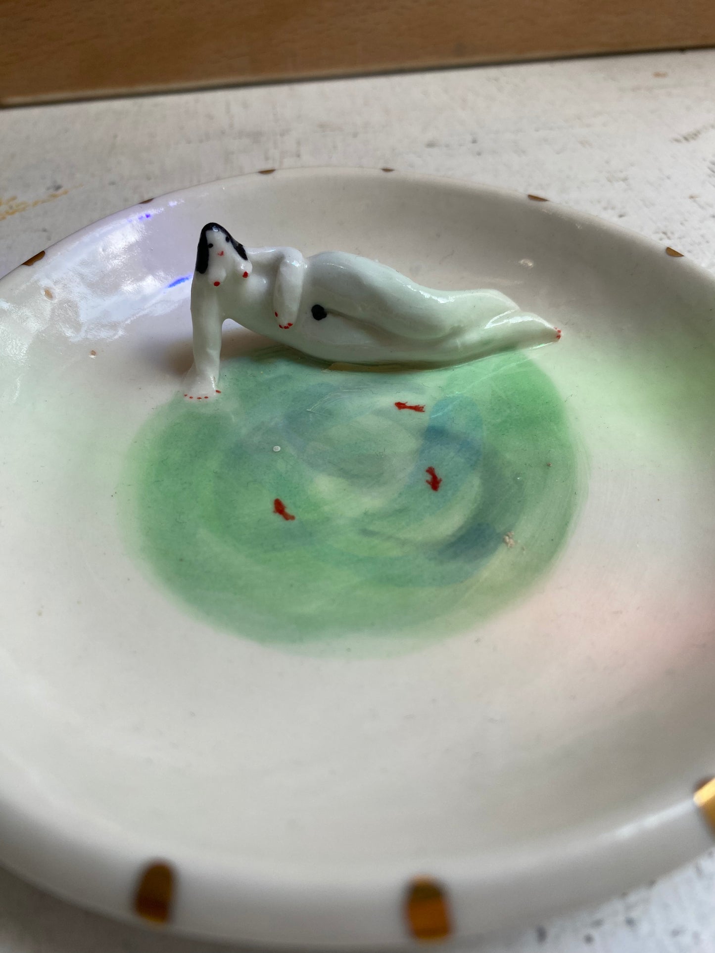 Ceramic Ring holder/dish tiny woman in water by REBECCA EDELMANN Ceramics
