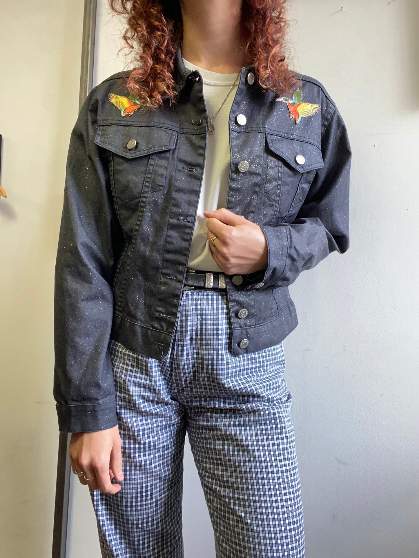 Upcycled Vintage black glittery Denim Jacket by Snacks