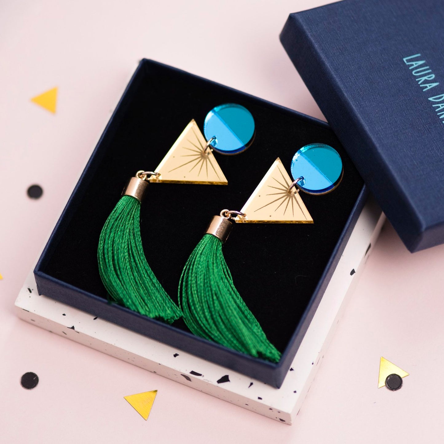 Green Geometric Tassel Earrings by Laura Danby