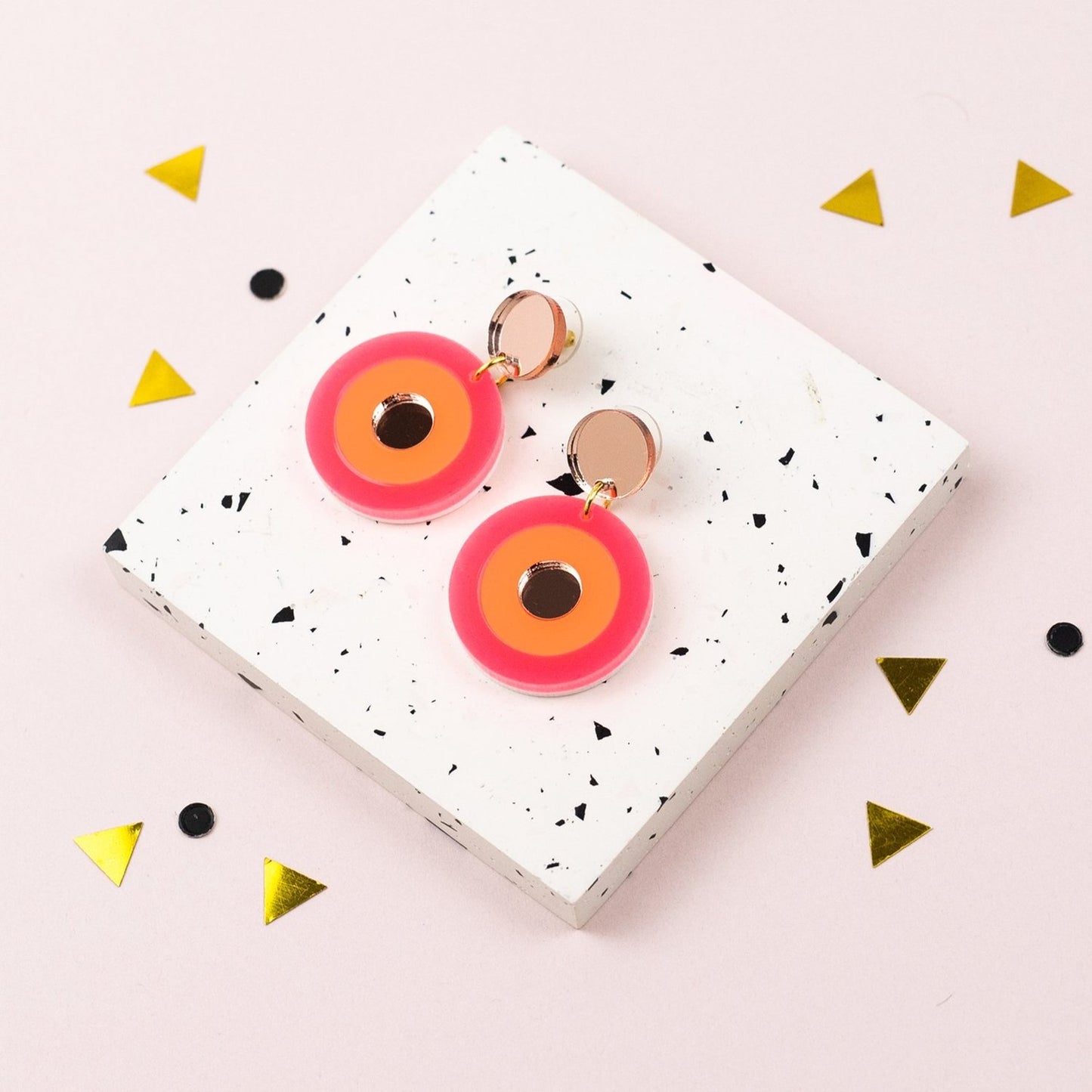Pink & Orange Neon Circle Acrylic Earrings by Laura Danby