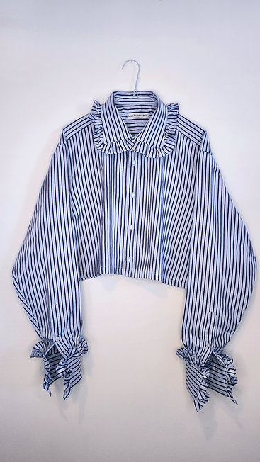 Premonition Blue and Purple Striped Cropped Shirt with Ruffle Collar and Sleeves by Odd Janko