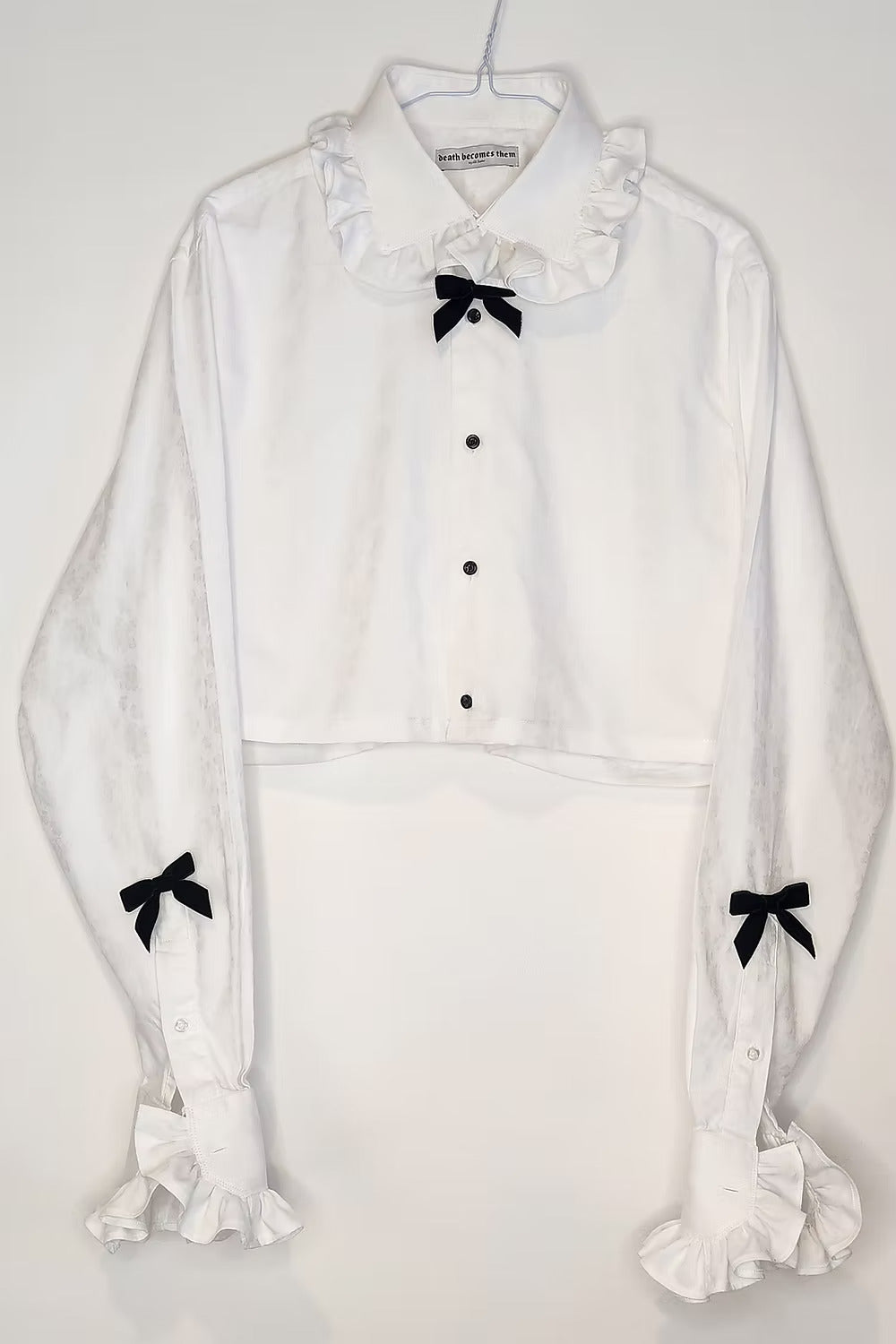 Premonition White Floral Cropped Shirt with Ruffle Collar and Sleeves by Odd Janko