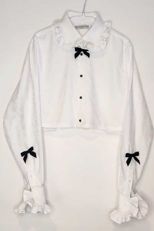 Premonition White Floral Cropped Shirt with Ruffle Collar and Sleeves by Odd Janko