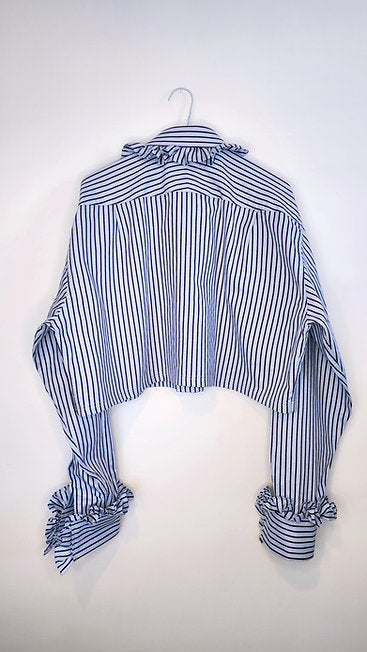 Premonition Blue and Purple Striped Cropped Shirt with Ruffle Collar and Sleeves by Odd Janko
