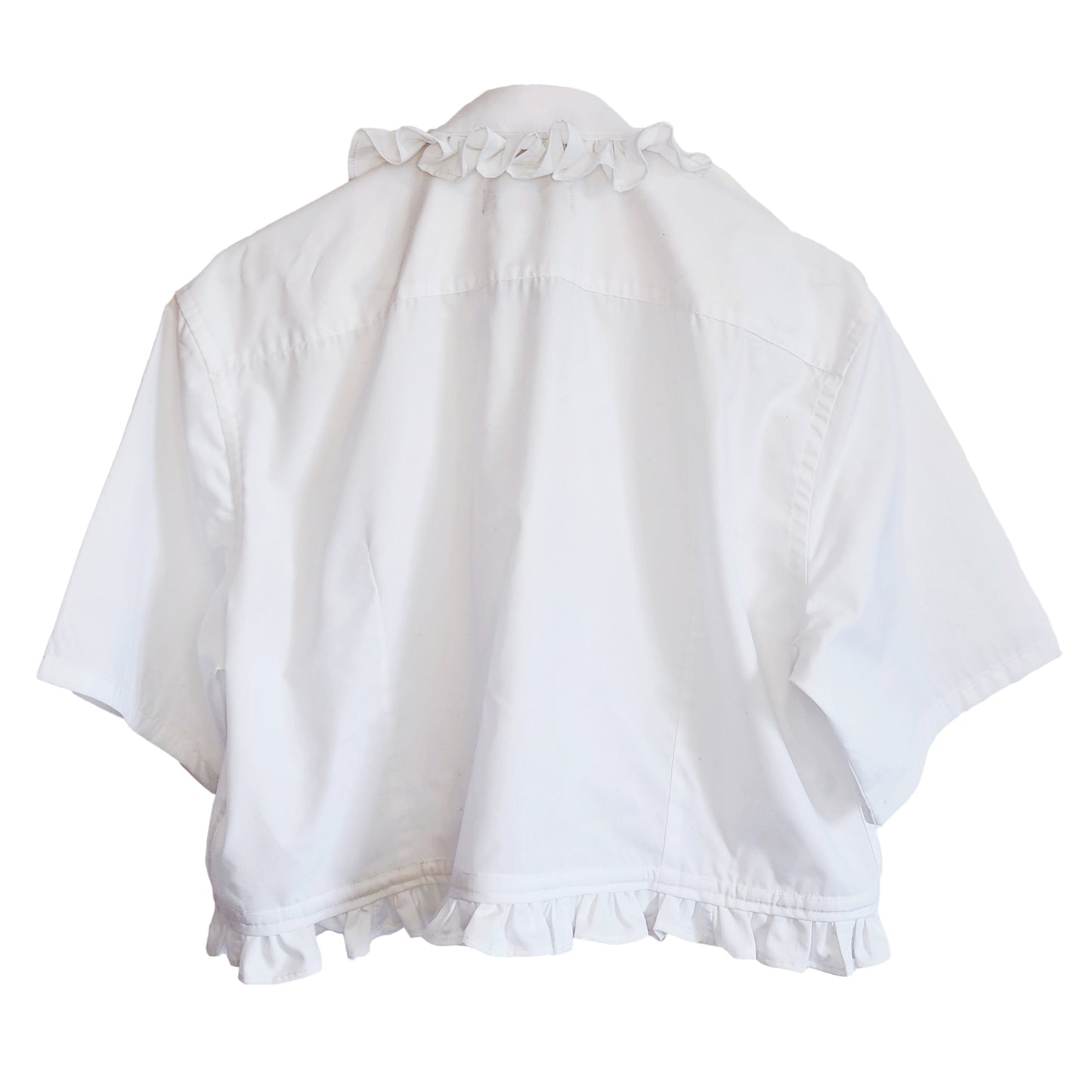 Premonition White Cropped Short sleeved Shirt with Ruffle Collar by Odd Janko