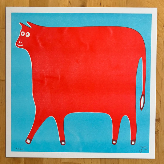 Cow Art Print in Red and Light Blue Ink by Strangford