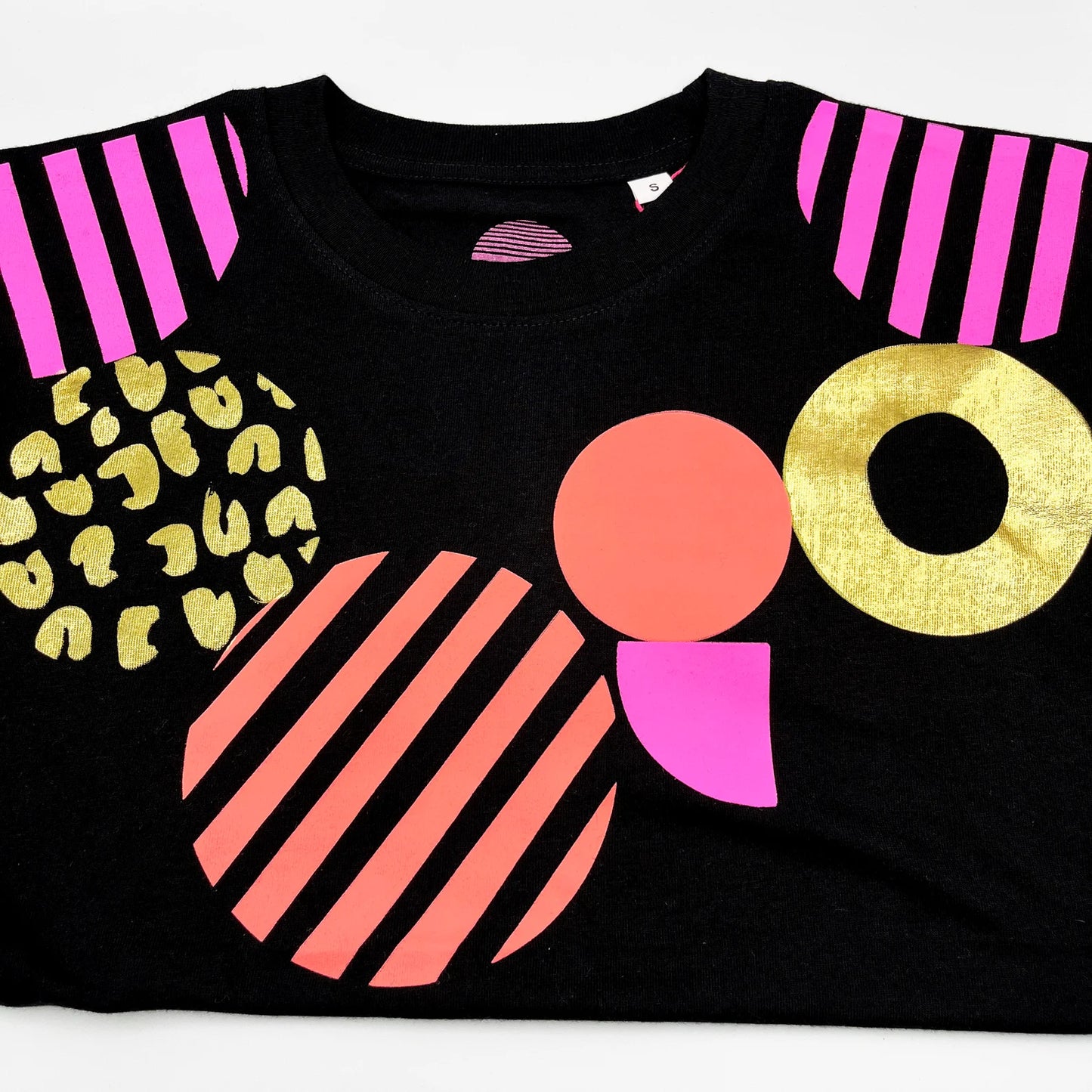 Geometric Gold Foil & Neon Pink women's screenprinted Black T-shirt by Pinkijones