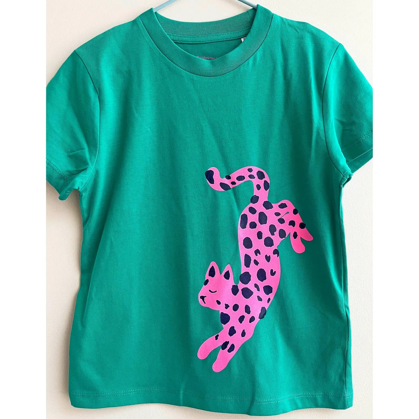 Green and Pink Dancing leopard Kids Tshirt by Pinkijones