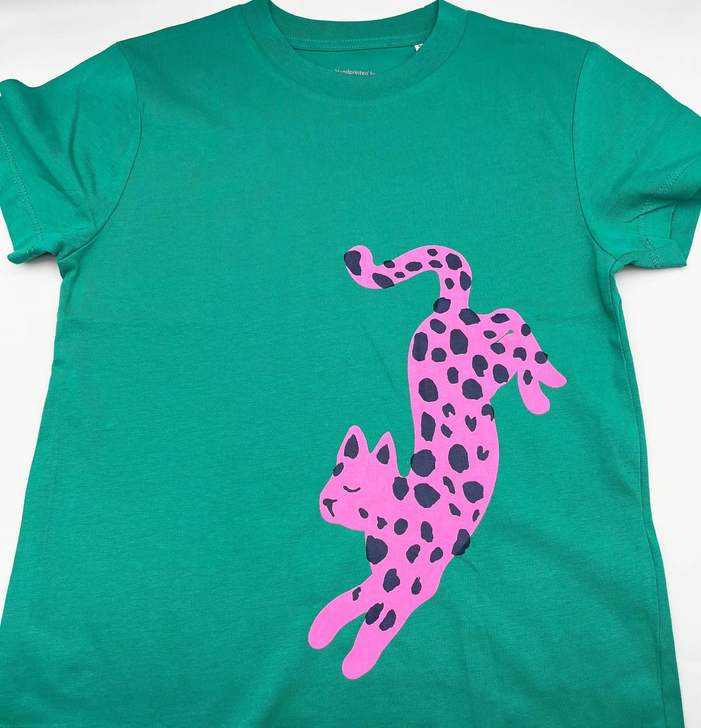 Green and Pink Dancing leopard Kids Tshirt by Pinkijones