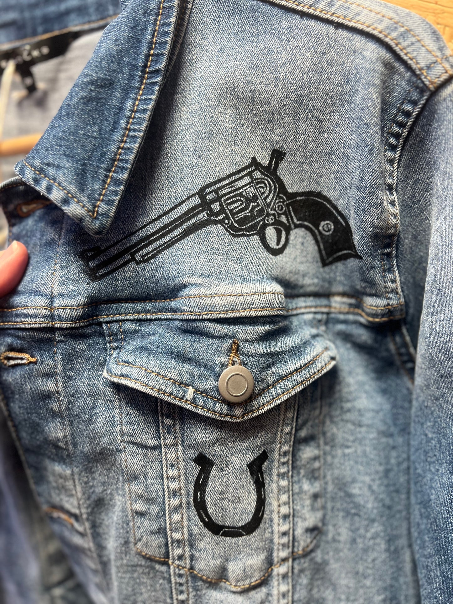 Western inspired, upcycled , hand printed denim jacket by Suzy Riot