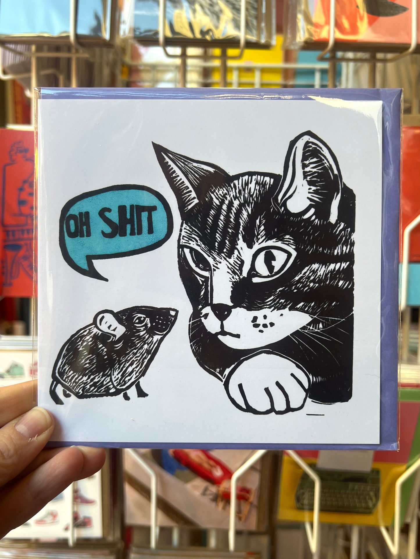 Oh Shit Cat And Mouse Greetings Card by Suzy Riot