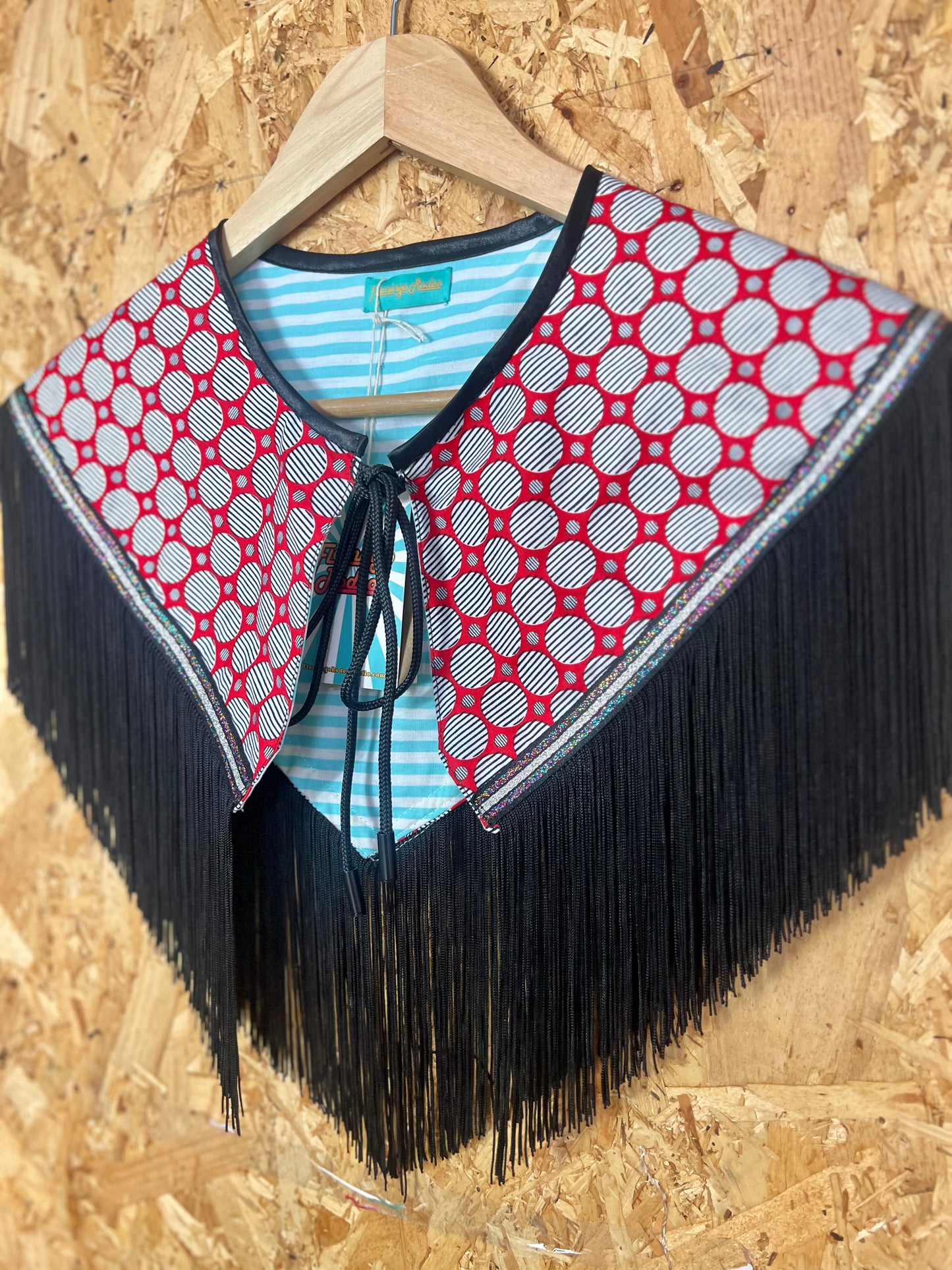Black And Red Capelet With Fringe By Flamingo Rodeo
