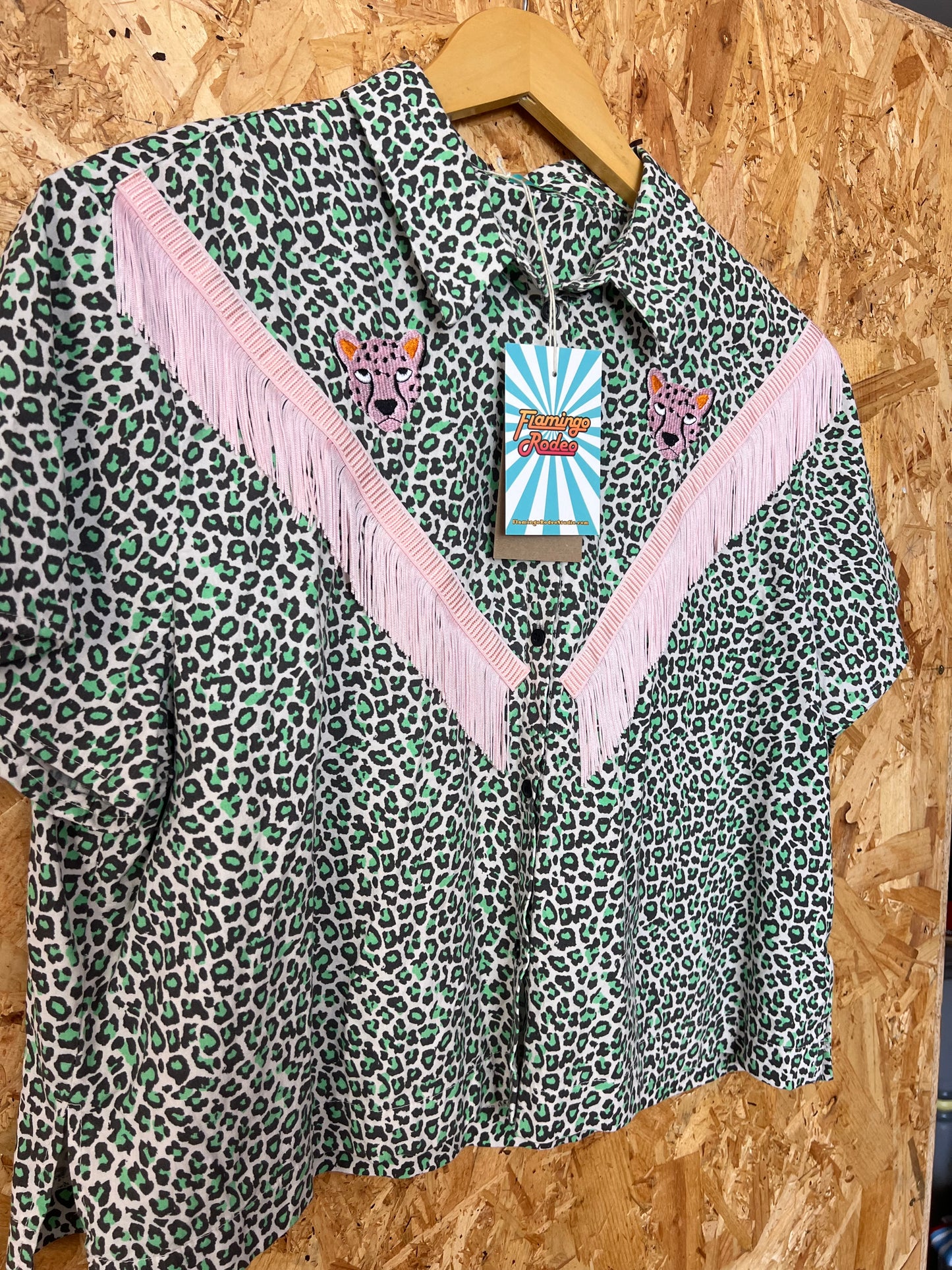 Green And Pink Leopard Print Shirt With Embroidery And Fringe by Flamingo Rodeo