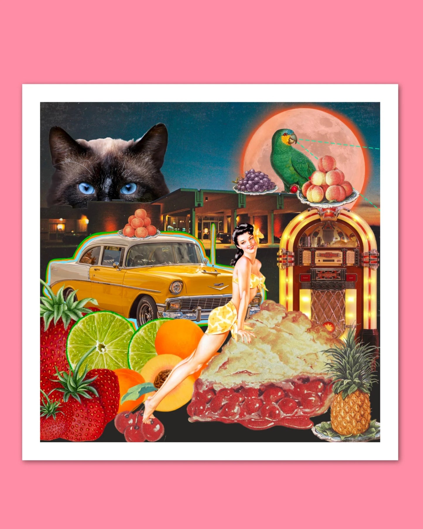 Night Cat Collage Print By Flamingo Rodeo