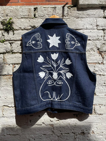 Handpainted Denim Reclaimed Vest With Flower , Cherry, Cats, Bird By Anna Soba