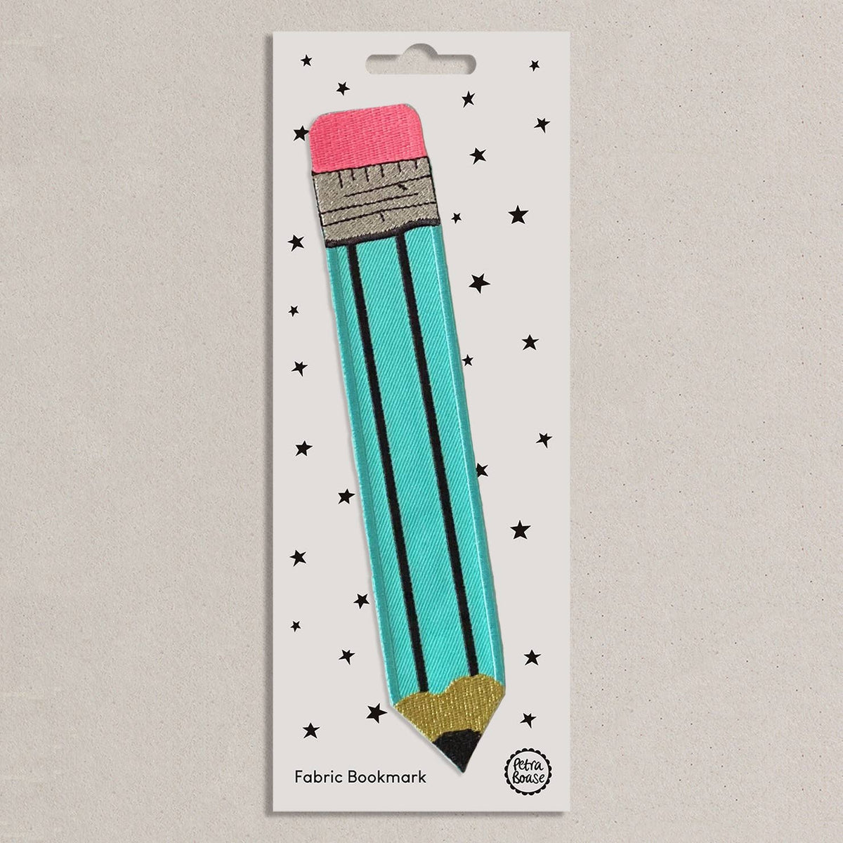 Embroidered Fabric Bookmark - Aqua Retro Pencil Design