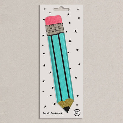Embroidered Fabric Bookmark - Aqua Retro Pencil Design