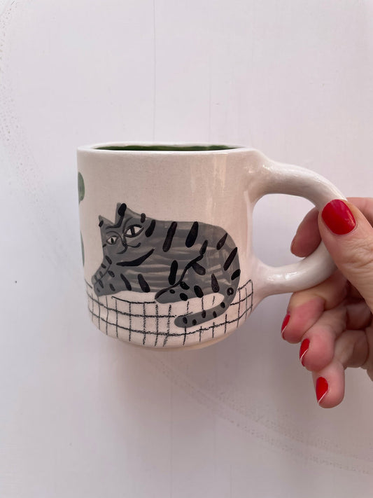 Ceramic illutrated Mug With Tabby Cat And Plants by Anna Soba